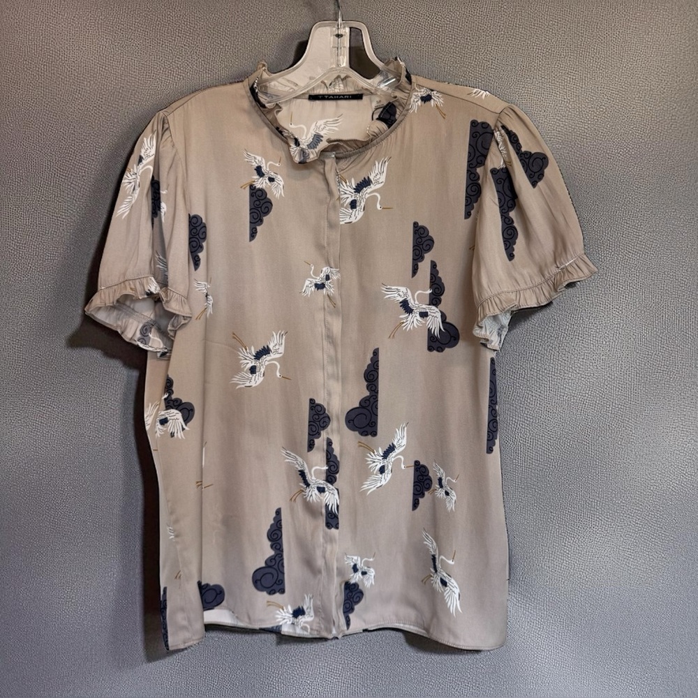 T Tahari Taupe Crane Print Ruffle Blouse | Size S | NWT